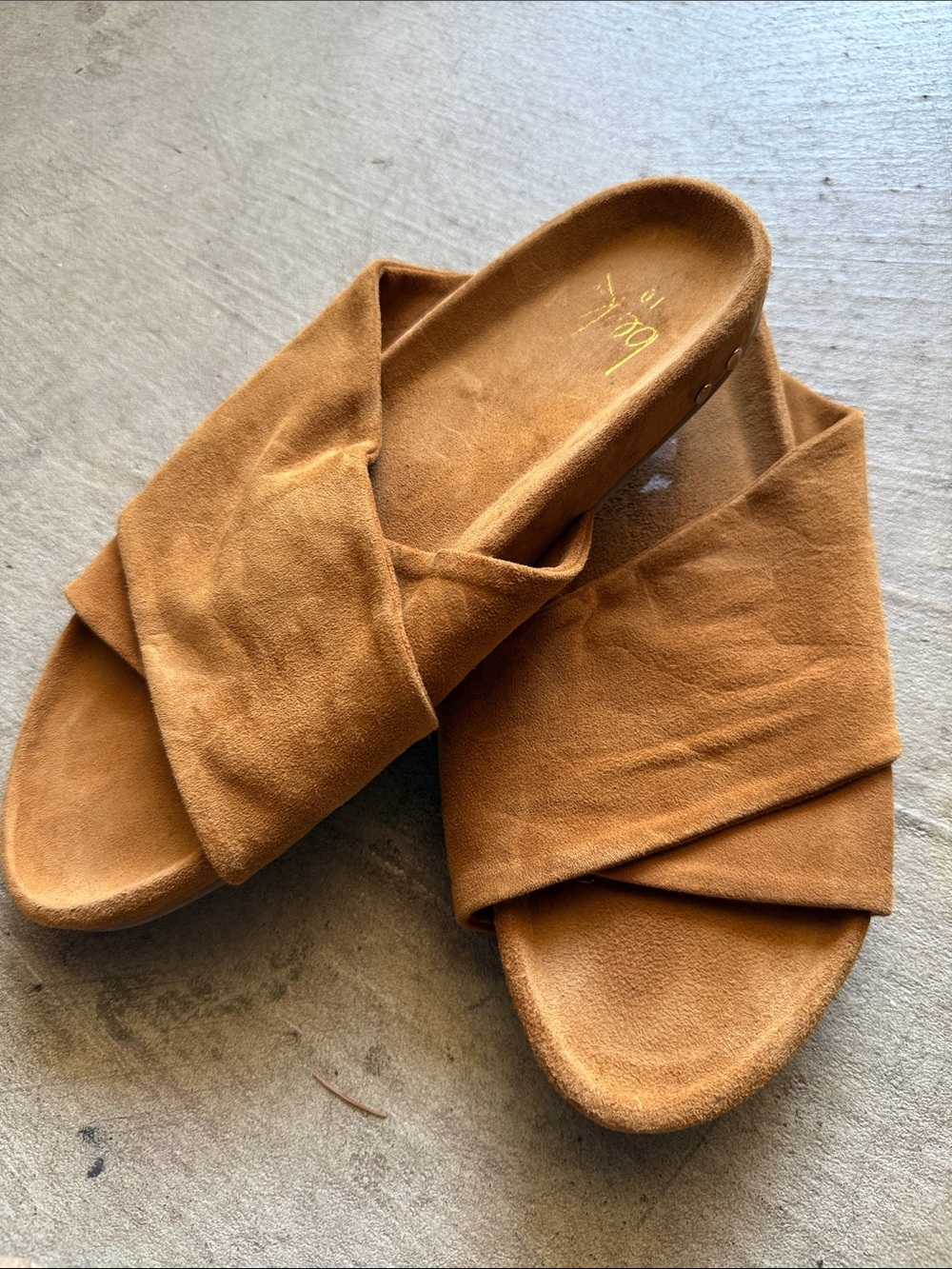Suede Crisscross Slide Sandals in Cognac